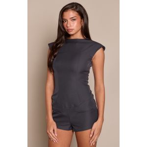 Femme Combishort de tailleur tiss&eacute; gris anthracite &agrave; col bateau et mancherons | Taille 42 - Taille 42