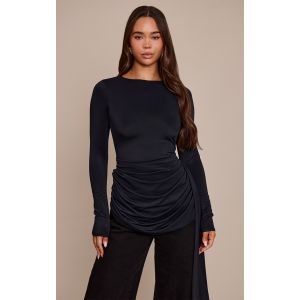 Femme Top en Sculpt mat noir &agrave; manches longues et partie drap&eacute;e exag&eacute;r&eacute;e | Taille 40 - Taille 40