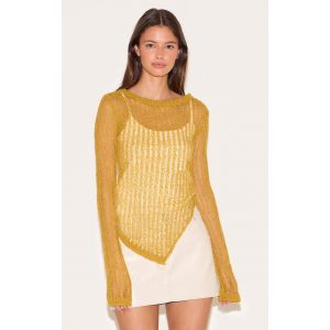 Top en maille tricot ajourée vert olive transparente à ourlet asymétrique, Vert Olive - Taille L
