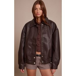 Femme Veste bomber en PU chocolat &agrave; boutons cach&eacute;s | Taille XS - Taille XS