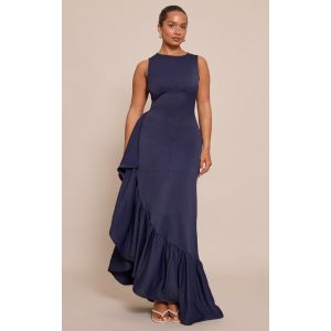 Femme Shape Robe mi-longue bleu marine tiss&eacute;e stretch &agrave; col bateau, fente lat&eacute;rale et volant | Taille 40 - Taille 40