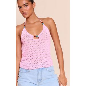 Femme Top en maille style crochet rose &agrave; dos nu et perles | Taille Large - Taille L