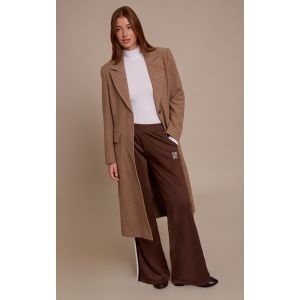 Femme Manteau long en effet laine taupe &agrave; simple boutonni&egrave;re et lis&eacute;r&eacute;s structurants | Taille Medium - Taille M