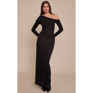 Femme Robe longue asym&eacute;trique en jersey textur&eacute; noir &agrave; manches longues | Taille 38 - Taille 38
