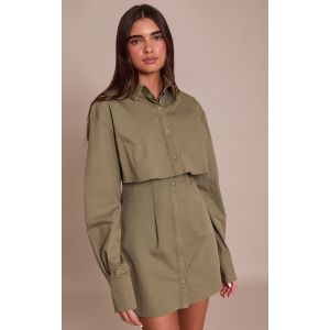 Femme Robe chemise kaki &agrave; partie sup&eacute;rpos&eacute;e et manches longues | Taille 42 - Taille 42