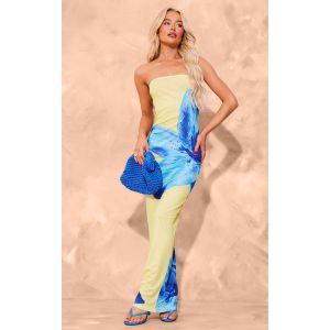 Robe longue bustier jaune texturée à imprimé orchidée, Jaune - Taille 32