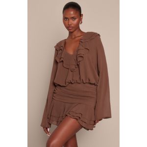 Femme Mini robe en mousseline de soie chocolat &agrave; manches longues et volants | Taille 44 - Taille 44
