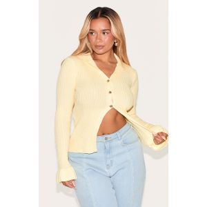 Femme Shape Cardigan en maille tricot c&ocirc;tel&eacute;e jaune citron &agrave; boutons devant et ourlet fendu | Taille Large - Taille L