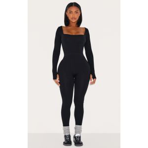 Femme Shape Combinaison noire c&ocirc;tel&eacute;e &agrave; contours et col carr&eacute; &agrave; trous pour les pouces | Taille Medium - Taille M