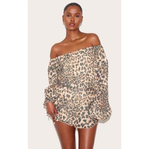 Femme Combishort jupe-short fluide en mousseline de soie léopard à col bardot | Taille 32 - Taille 32