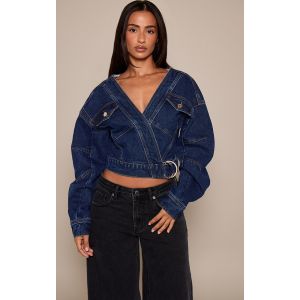 Femme Petite Veste en jean bleu moyen &agrave; manches cocon et taille portefeuille Bleu moyen d&eacute;lav&eacute; | Taille 30 - Taille 30