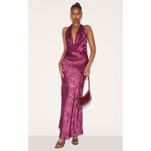 Robe longue satinée rouge vin à col bénitier décolleté, Rouge Vin - Taille 32