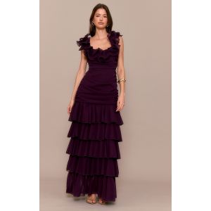 Robe longue en mousseline de soie rouge vin froncée à volants, Rouge Vin - Taille 40