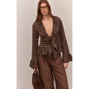 Femme Blouse marron &agrave; carreaux et volants | Taille 32 - Taille 32