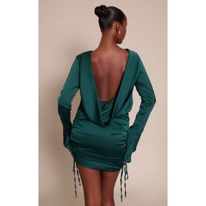 Femme Robe moulante satinée vert émeraude froncée à dos bénitier | Taille 44 - Taille 44