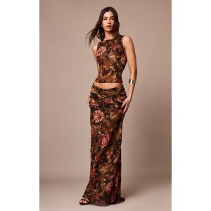 Jupe longue en mousseline de soie prune foncé fleurie froncée, Prune foncé - Taille 36