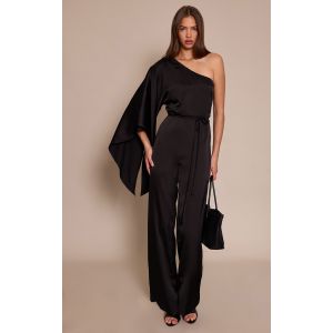 Femme Combinaison fluide satinée noire à épaule unique et taille nouée | Taille 36 - Taille 36