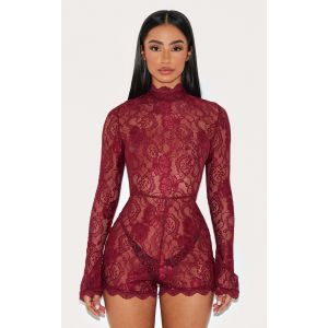 Femme Petite Combishort ajust&eacute; en dentelle bordeaux &agrave; manches longues | Taille 40 - Taille 40