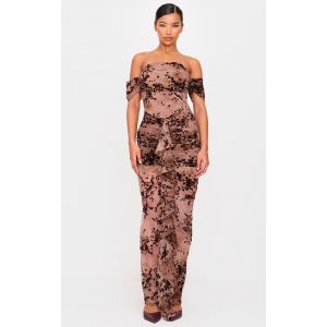 Robe longue style corset dévorée marron fleurie froncée à col bardot et détails drapés, Marron - Taille 32