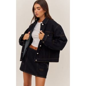 Femme Veste en jean indigo fonc&eacute; d&eacute;lav&eacute; &agrave; &eacute;paules carr&eacute;es et plissures | Taille 44 - Taille 44