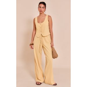 Pantalon de tailleur large en effet lin jaune beurre à cordons ajustables, Jaune Beurre - Taille 42