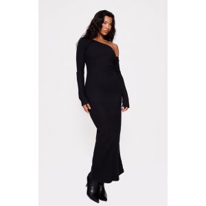 Robe longue asymétrique brossée épaisse noire à détails froncés, Noir - Taille 34
