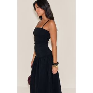 Robe longue tissée stretch noire froncée à bretelles fines, Noir - Taille 34