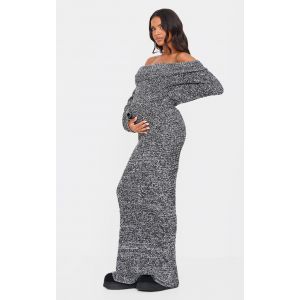 Maternité Robe de grossesse longue en maille bouclée grise à manches longues et col bardot, Gris - Taille XS