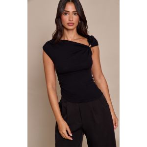 Femme Petite Top asymétrique en maille tricot noire à empiècement | Taille Small - Taille S