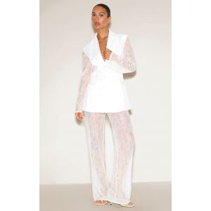 Pantalon droit en dentelle tissée blanche transparente à taille mi-haute, Blanc - Taille 32