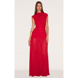 Femme Robe longue en mousseline de soie rouge fronc&eacute;e sans manches &agrave; taille tombante | Taille 44 - Taille 44