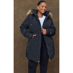 Femme Plus Parka longue noire &agrave; taille &eacute;lastique et bordure en fausse fourrure | Taille XL - Taille XL
