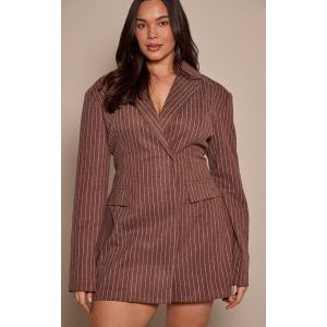 Femme Plus Robe blazer bross&eacute;e chocolat &agrave; fines rayures et manches longues | Taille 54 - Taille 54