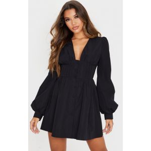 Robe patineuse noire cintrée à manches bouffantes et boutons devant, Noir - Taille 32