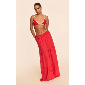 Femme Jupe de plage longue en effet lin rouge à étages | Taille Small - Taille S