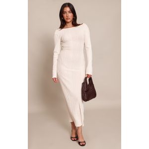 Femme Robe longue côtelée crème à manches longues et dos échancré | Taille 38 - Taille 38