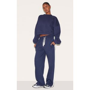Jogging large en sweat bleu marine à bandes, Bleu Marine - Taille M
