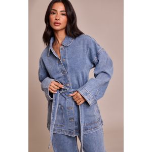 Femme Petite Veste utilitaire en jean bleu moyen &agrave; taille nou&eacute;e Bleu moyen d&eacute;lav&eacute; | Taille 42 - Taille 42