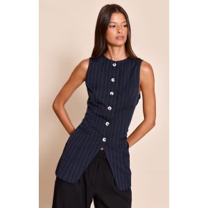 Femme Gilet bleu marine et blanc à fines rayures et boutons Bleu Marine/Blanc | Taille 34 - Taille 34