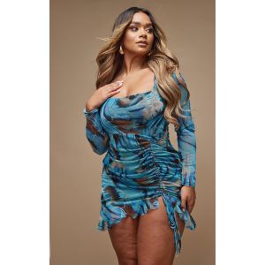 Shape Robe moulante manches longues en mesh bleu imprimé papillons à côté froncé et ourlet volanté, Bleu - Taille 34