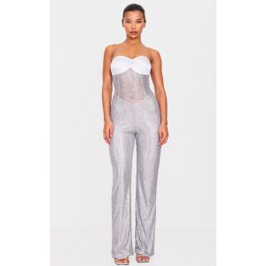 Combinaison bustier argentée à sequins et partie transparente, Argenté - Taille 38