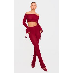 Legging côtelé doux rouge cerise transparent à ourlets fendus et détails noeuds, Rouge cerise - Taille 38