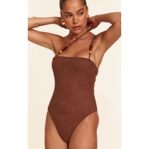 Maillot de bain en maille style crochet café au lait à bretelles asymétriques et empiècements perles, Café au Lait - Taille XS