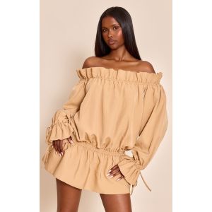 Femme Mini robe bustier tissée moutarde à manches longues et détails noués | Taille 34 - Taille 34