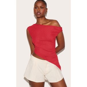 Top en mesh doublé rouge tomate à col asymétrique, Rouge Tomate - Taille 34