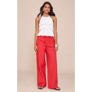 Pantalon en coton et effet lin mélangés rouge tomate à cordons ajustables, Rouge Tomate - Taille 32