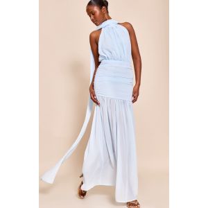 Robe longue bleu clair froncée à col montant et détail foulard, Bleu Clair - Taille 40