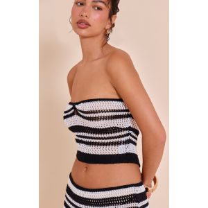 Top bandeau en maille style crochet noire et blanche à rayures, Noir & Blanc - Taille L