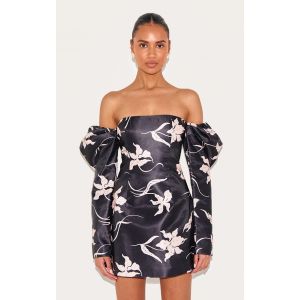 Femme Robe droite noire fleurie &agrave; jupe trap&egrave;ze et manches bouffantes oversize | Taille 44 - Taille 44