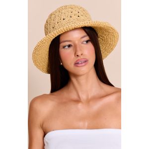 Chapeau soleil en raphia tressé non coloré fleuri, Non coloré - Taille One Size